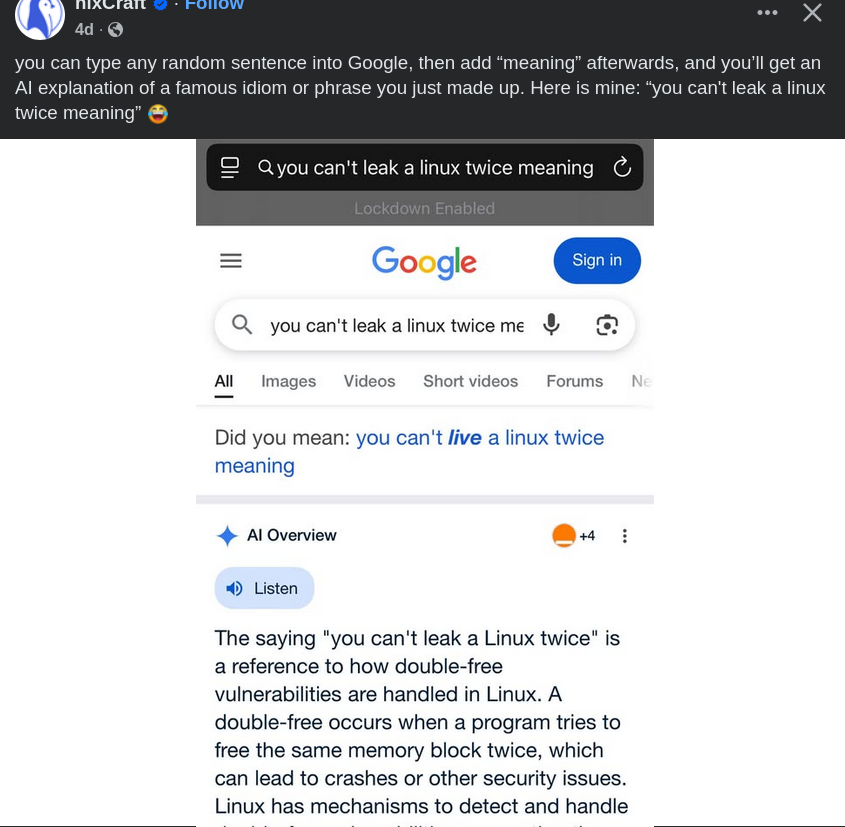google AI example fabricating the 'meaning' of 'you can't leak a linux twice' - googlecrap.png